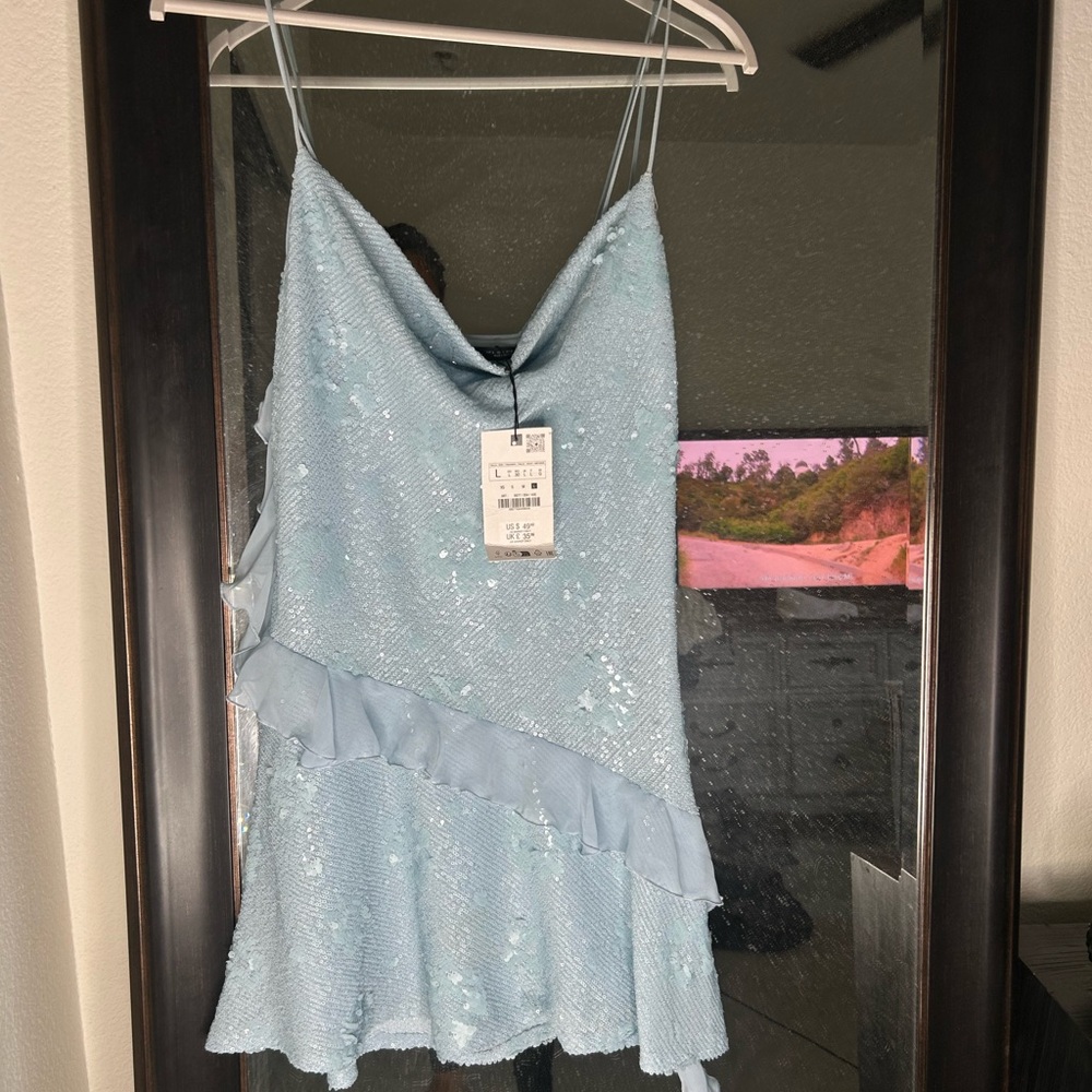Zara Light Blue Sequin Dress with Ruffle Detail